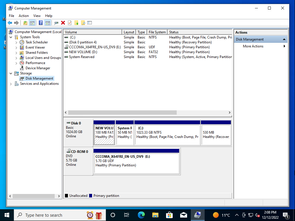 Partition view after installing the operating system